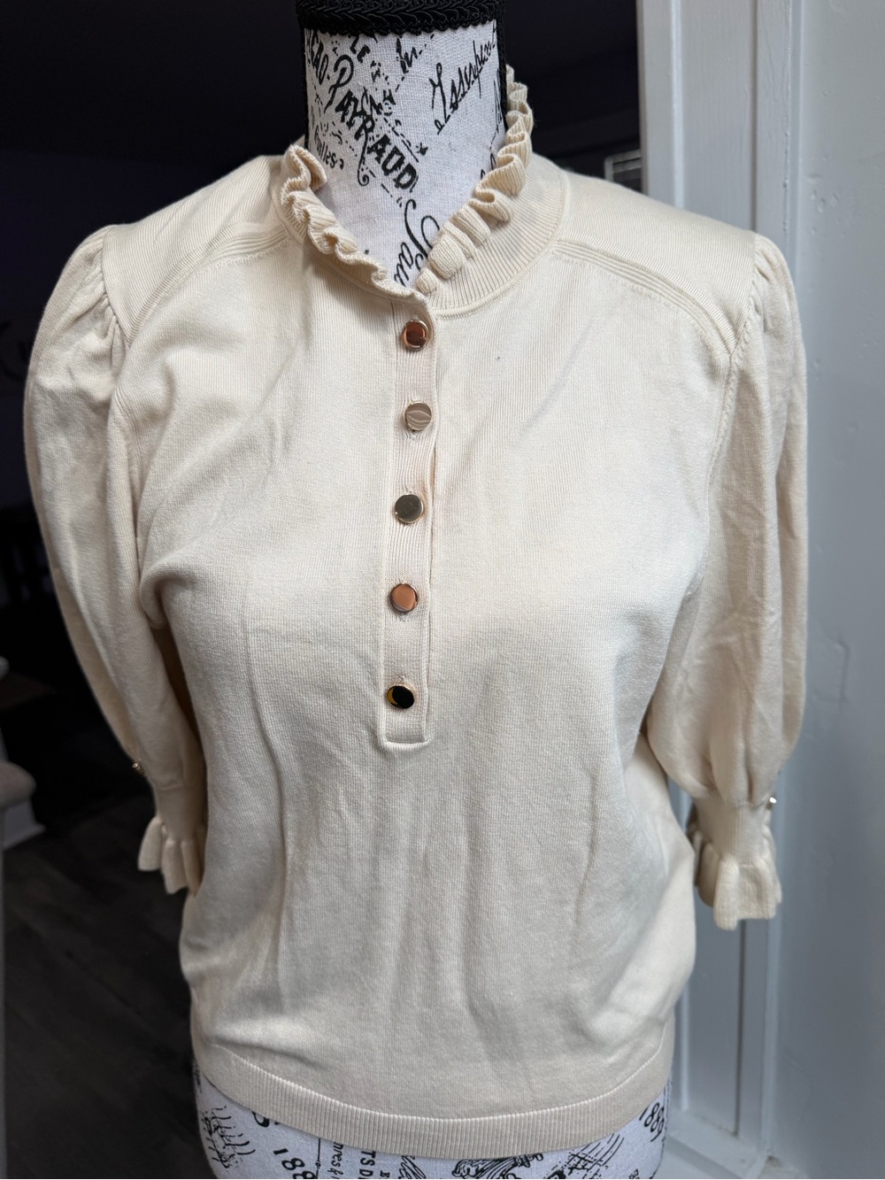 ba&sh Cream Ruffled Neck Button-Front Short Sleeve Top